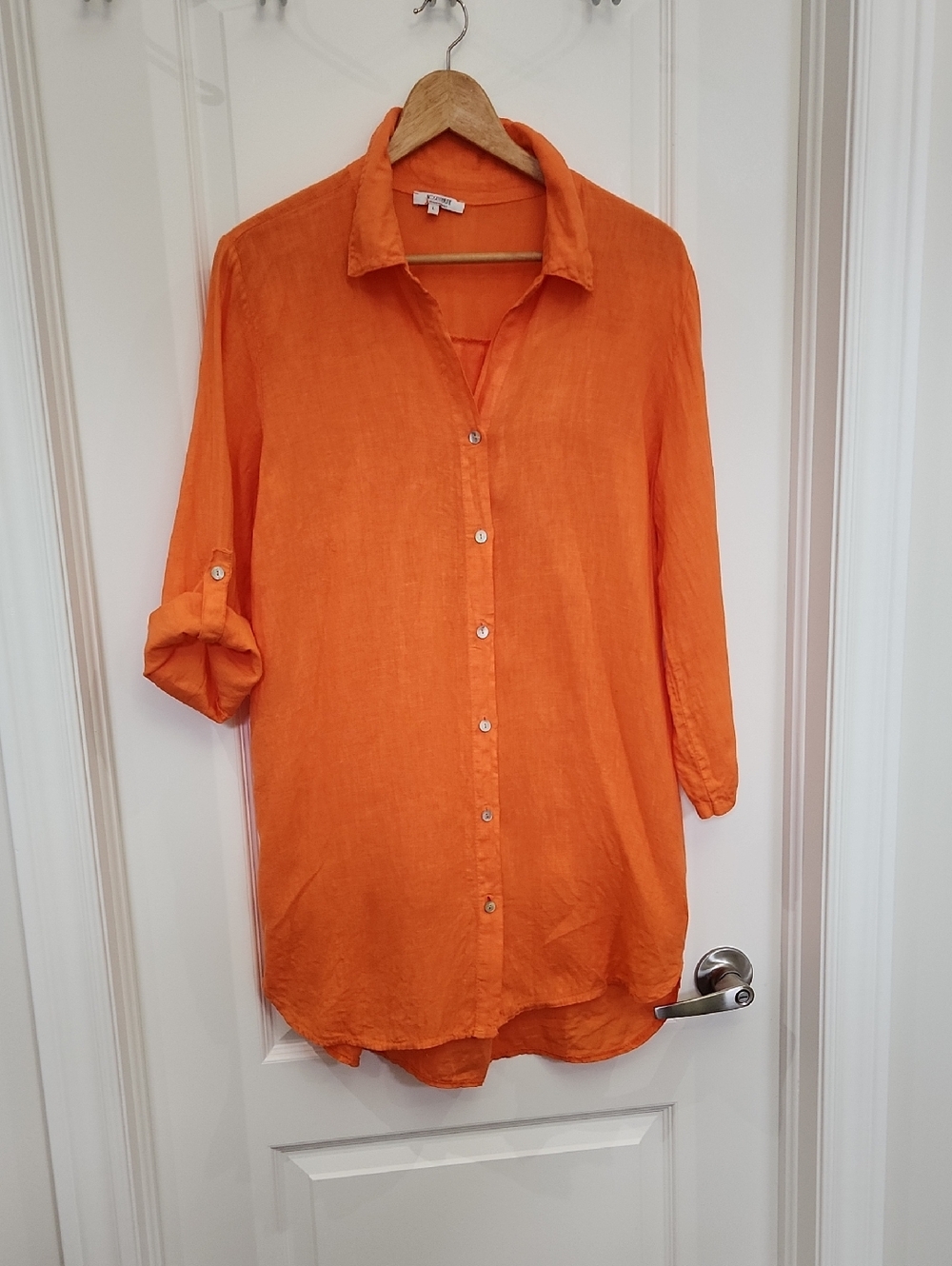 L 100% Linen Rosemarine Lightweight Orange Button-Up Tunic Shirt